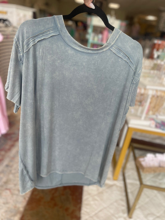 Washed Ribbed Boat-neck Top