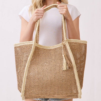 Two Tone Woven Straw Tote Bag