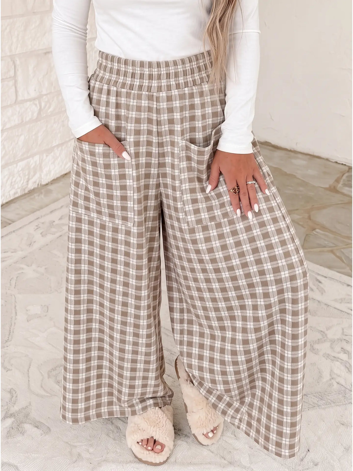 Plaid Elastic Waist Patch Pocket Wide Leg Pants