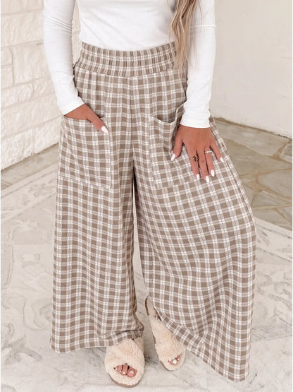 Plaid Elastic Waist Patch Pocket Wide Leg Pants