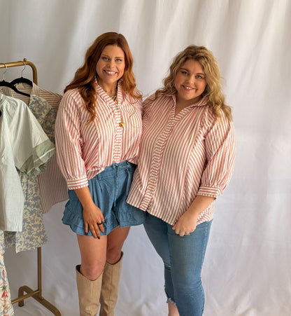 Striped V-Neck Button Down Top