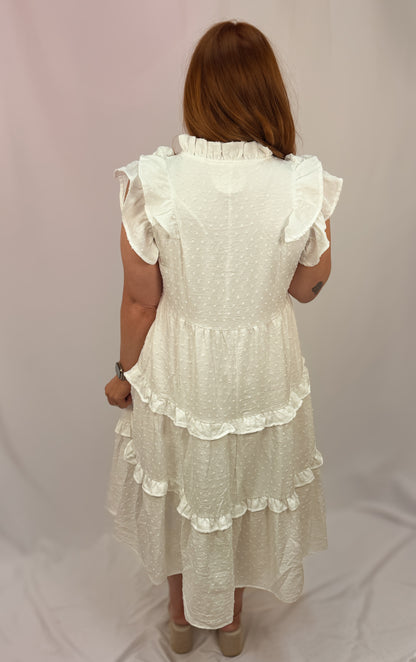 Textured Ruffle Sleeve Tiered Midi Dress
