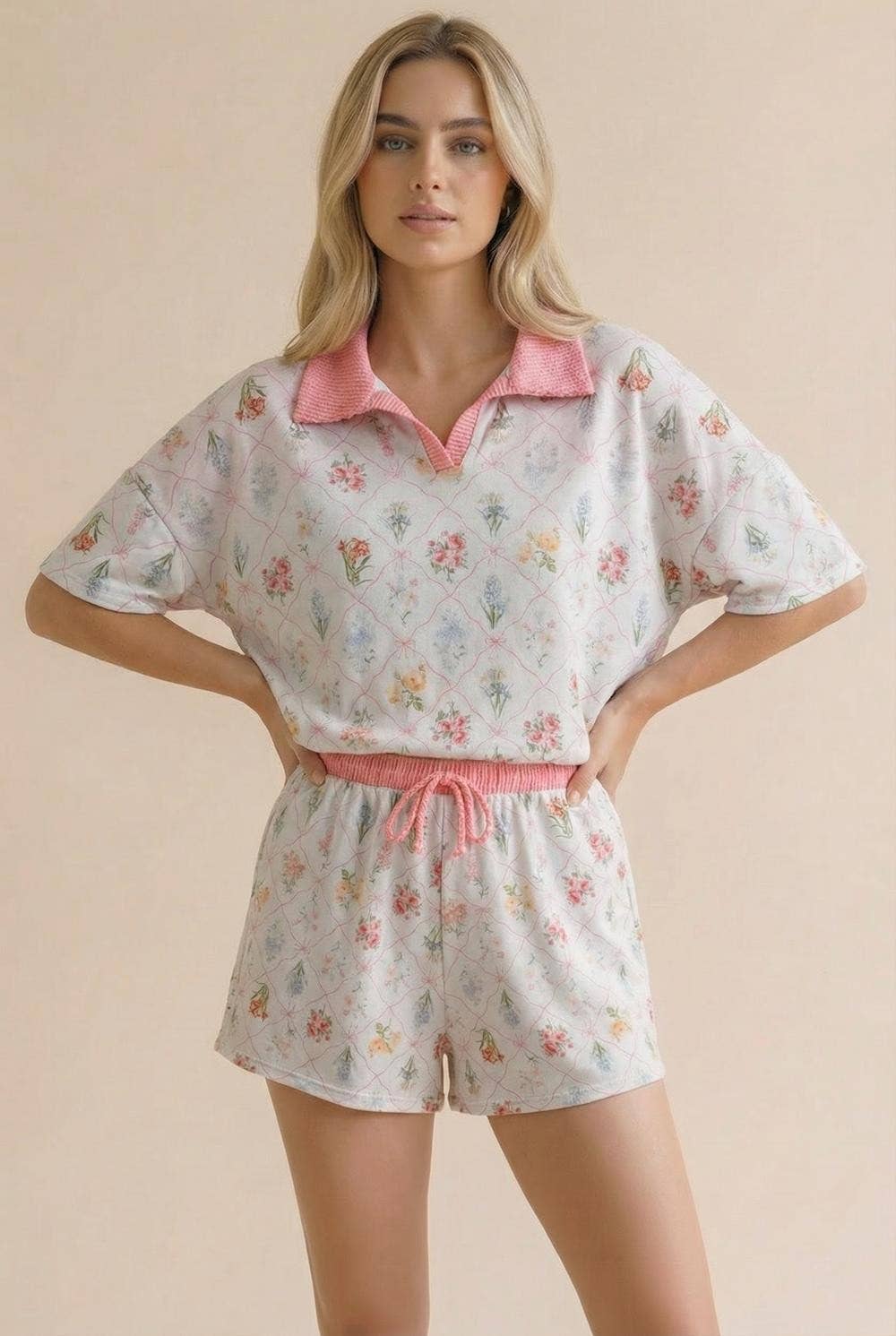Plus Floral Print Color Block Lounge Wear Set