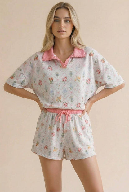 Plus Floral Print Color Block Lounge Wear Set