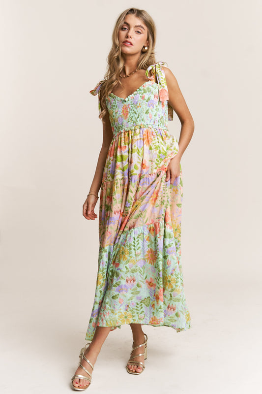 Smocked Floral V-Neck Tie Midi