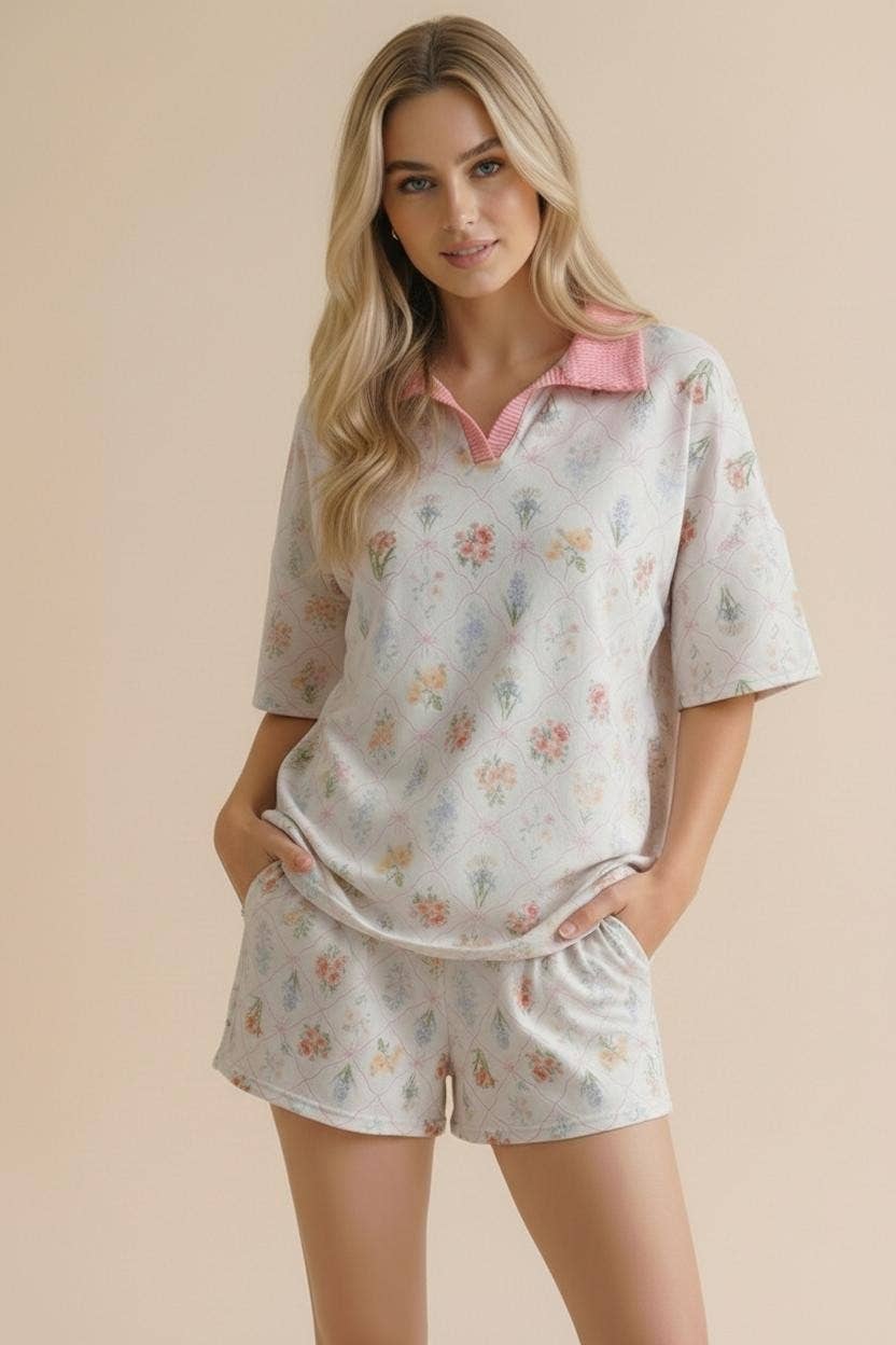 Plus Floral Print Color Block Lounge Wear Set
