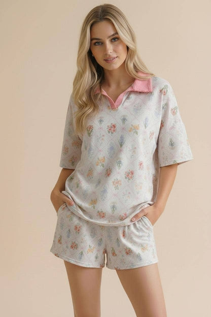 Plus Floral Print Color Block Lounge Wear Set