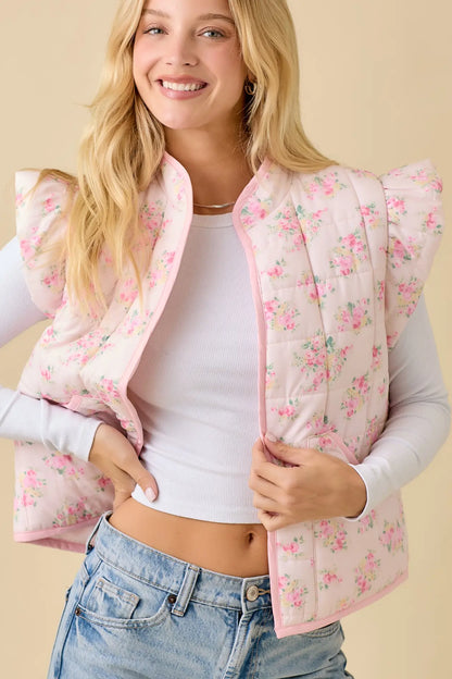 Floral Printed Ruffle Sleeve Puff Vest