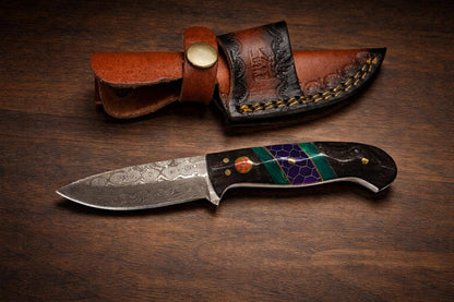 Hand-Forged Damascus Steel Drop Point Outdoor Utility Tool | Dark Wood, Green Resin & Purple Honeycomb Handle TK-509