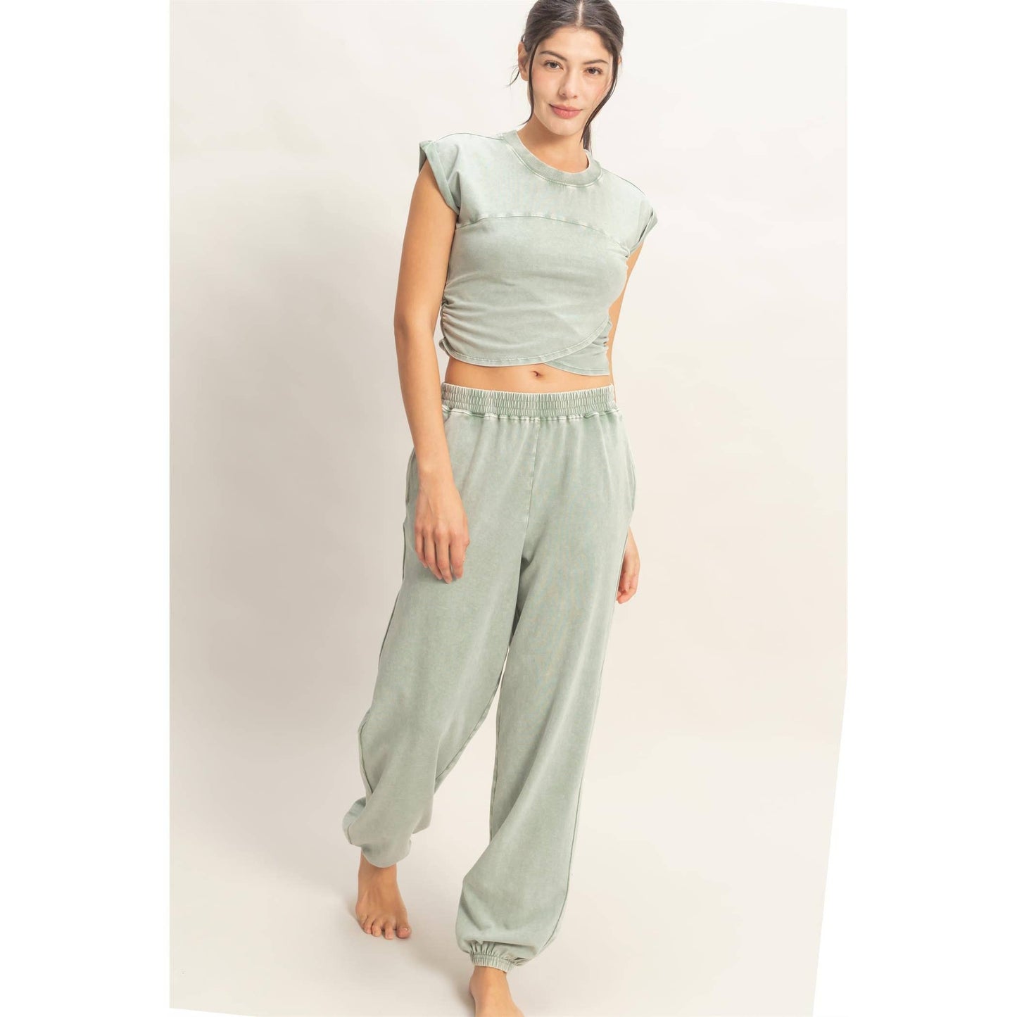 Rolled Sleeve Wrap-Front Crop Top And Jogger Set