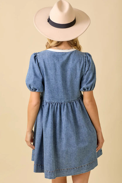 Round Neck Baby Doll Mini Denim Dress