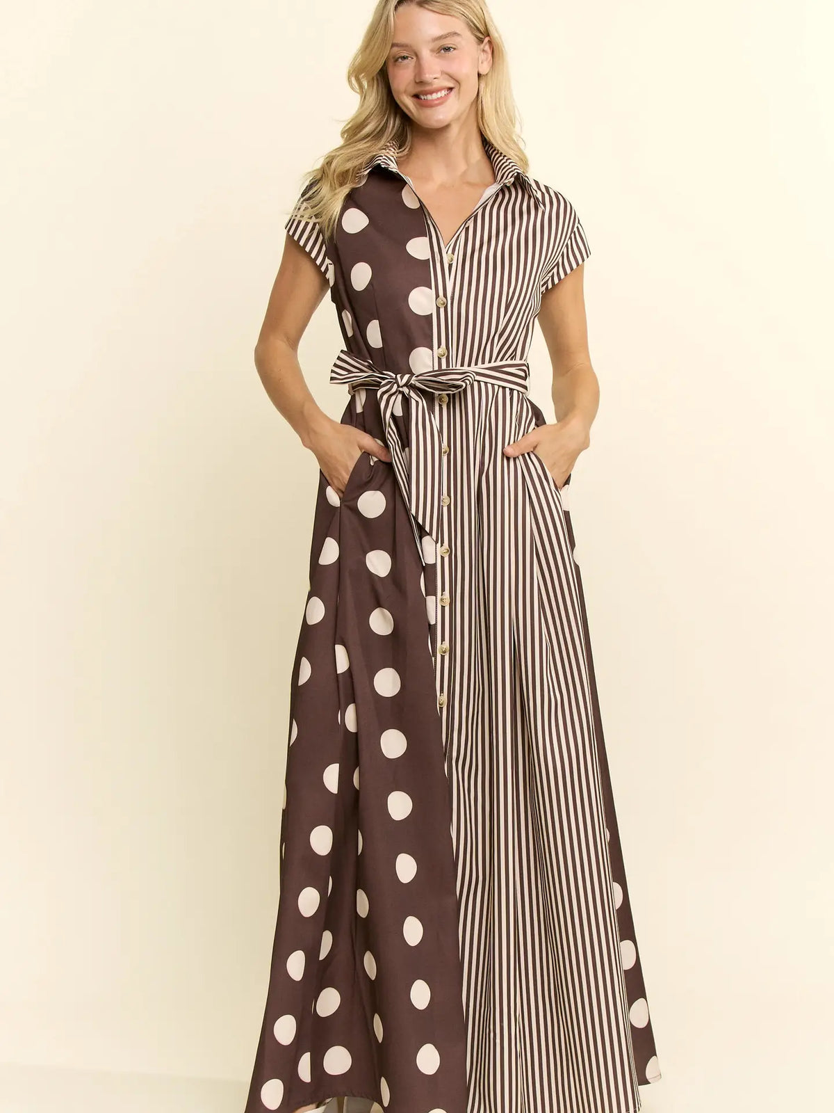 Contrast Dot Stripe Shirt Dress
