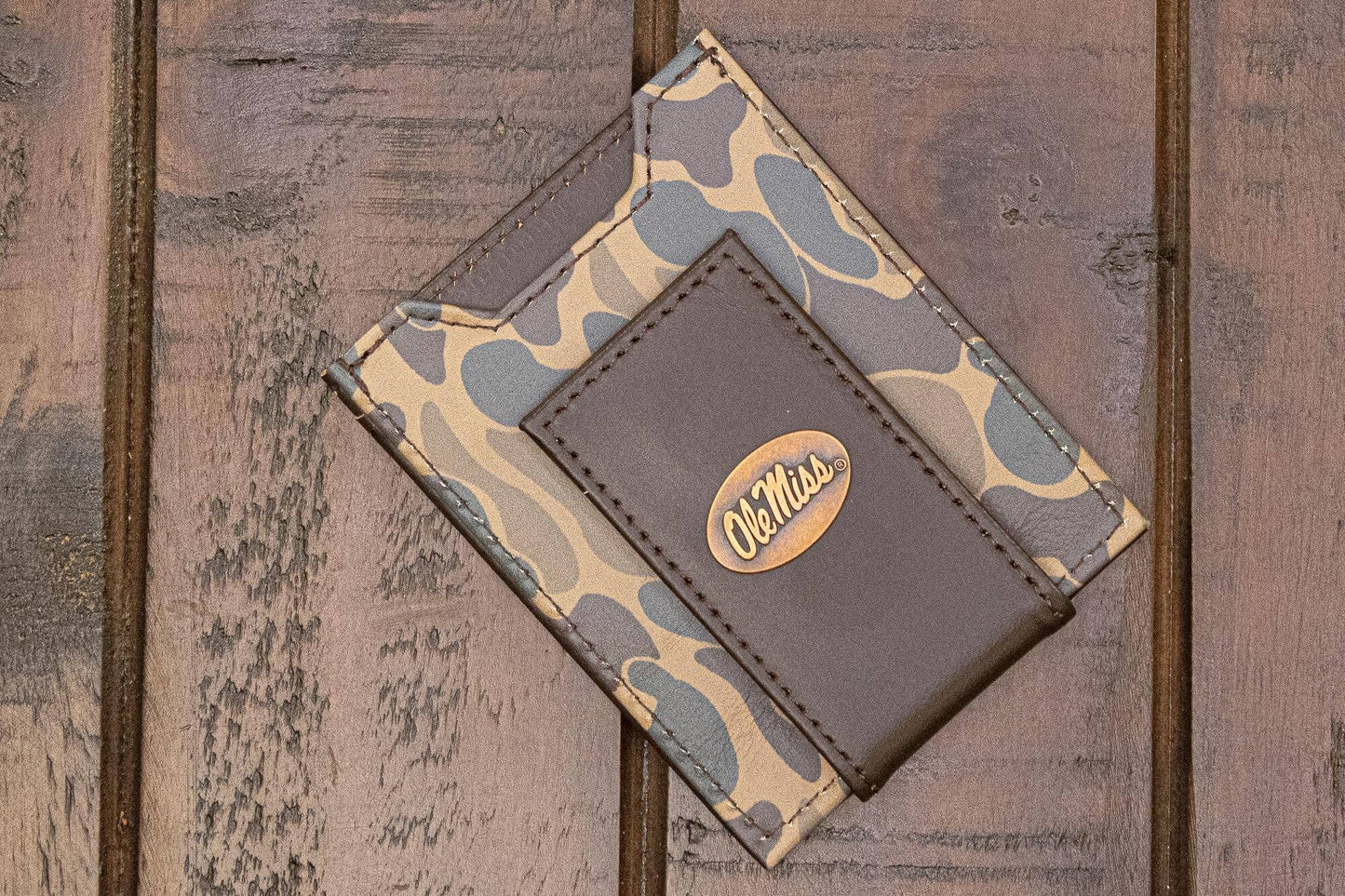 Ole Miss Rebels Men's Magnetic Front Pocket Old School Camo Leather Wallet.