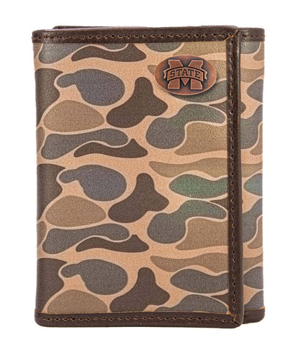 Mississippi State Bulldogs Men's Trifold Old School Camo Leather Wallet.