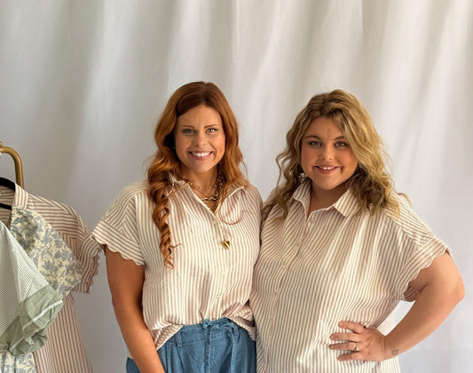 Striped Button-Down Top with Scallop Sleeves