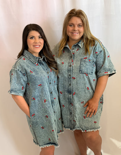 Cherry Embroidered Short Sleeves Denim Shirt Dress