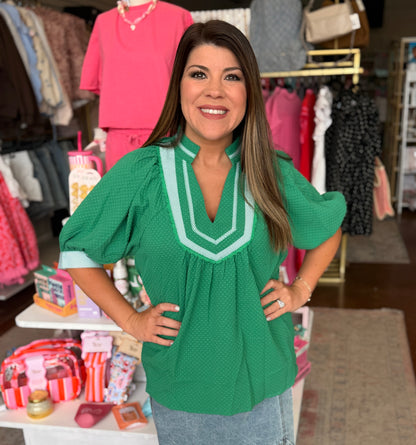Textured Jacquard Contrast Trim Top