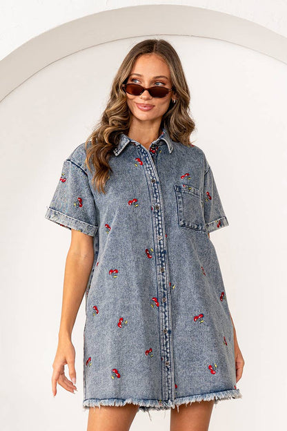 Cherry Embroidered Short Sleeves Denim Shirt Dress