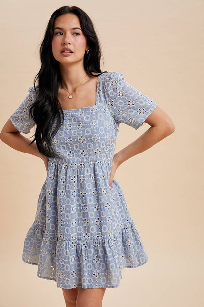 EYELET EMBROIDERED SHIFT MINI DRESS