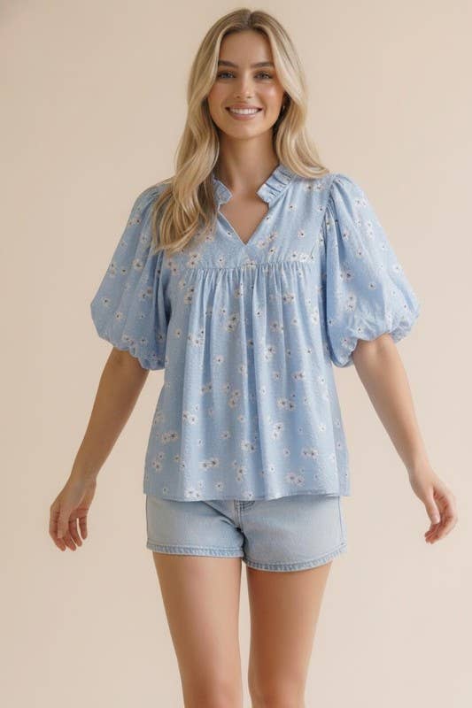 Plus Frilled Notch Neck Short Sleeve Floral Blouse