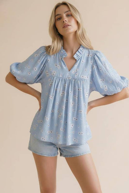 Plus Frilled Notch Neck Short Sleeve Floral Blouse