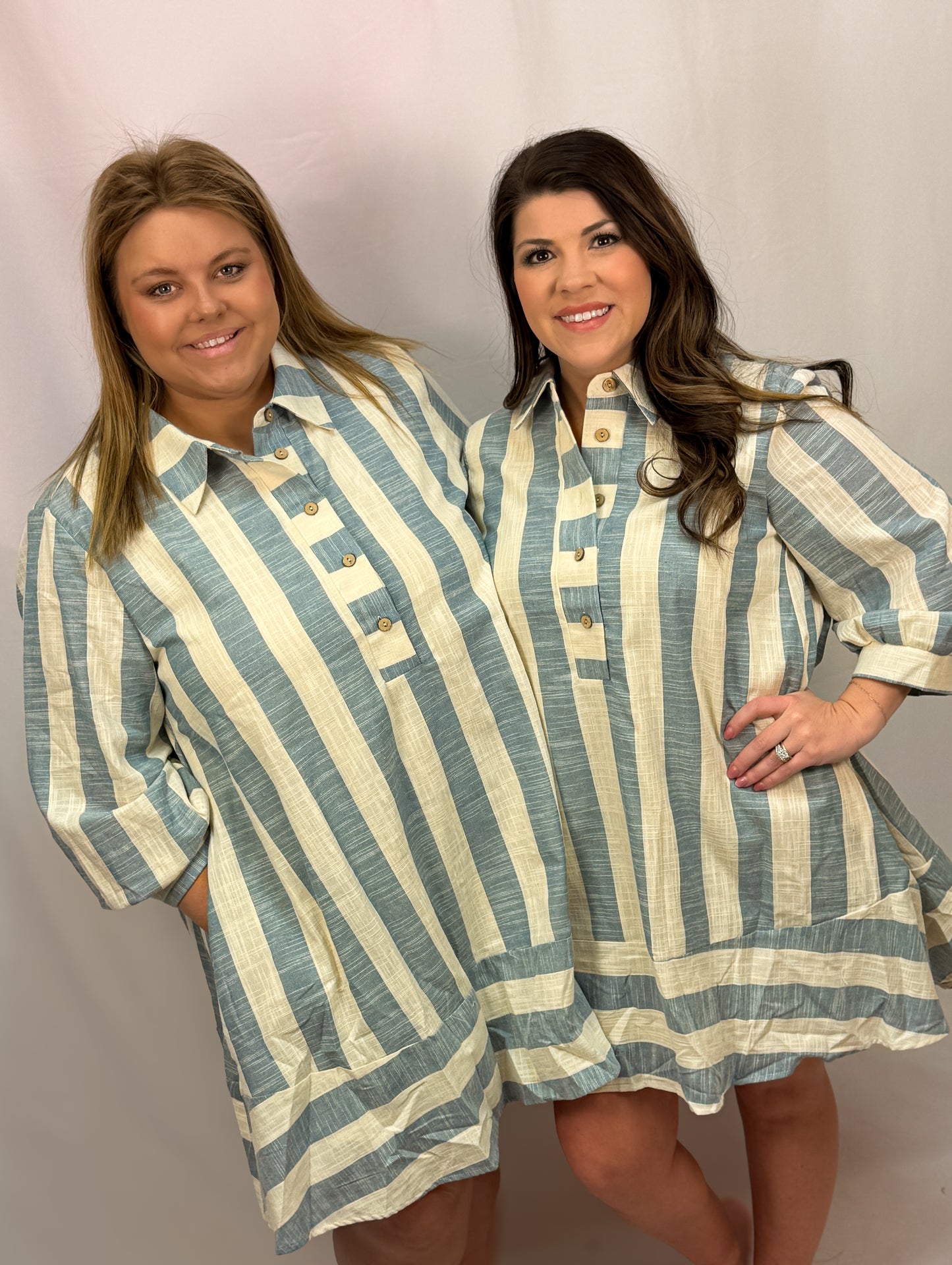 Relaxed Fit 3/4 Sleeves Striped Shirt Dress