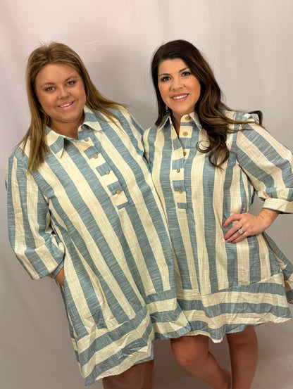 Relaxed Fit 3/4 Sleeves Striped Shirt Dress