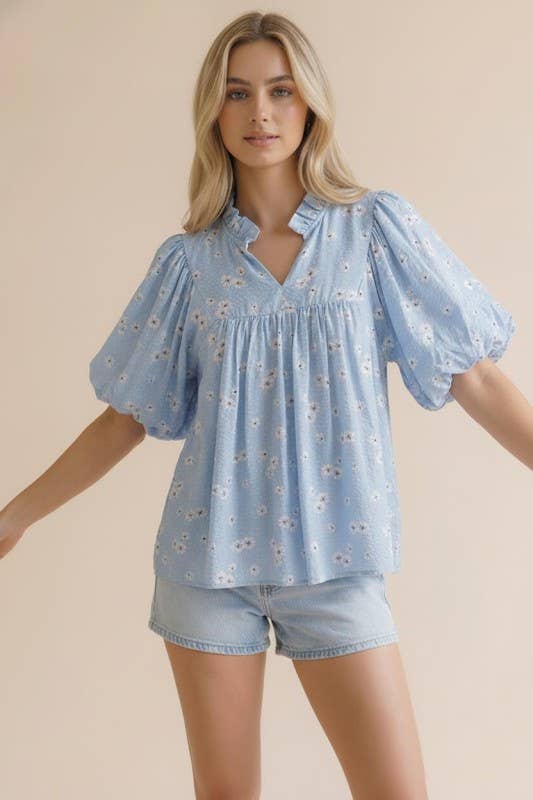 Plus Frilled Notch Neck Short Sleeve Floral Blouse