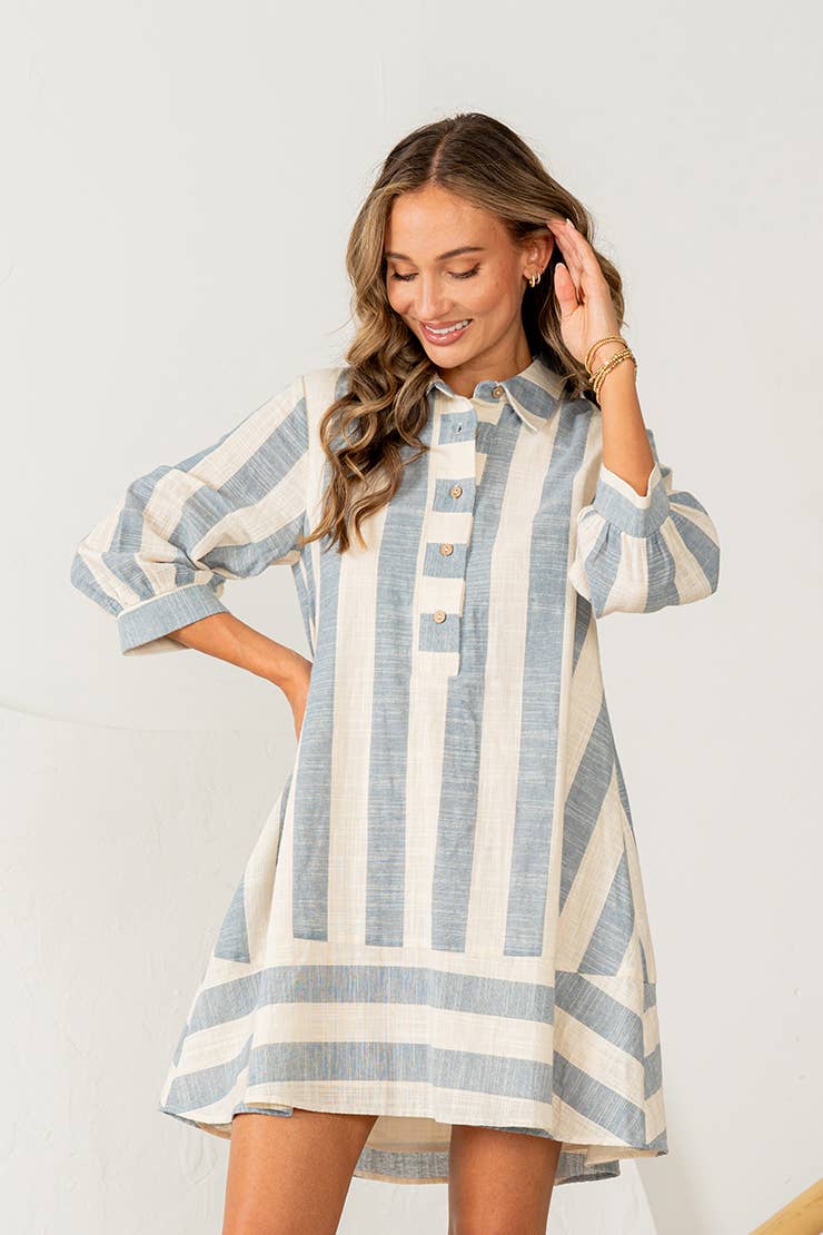 Relaxed Fit 3/4 Sleeves Striped Shirt Dress