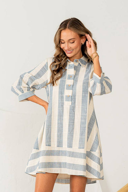 Relaxed Fit 3/4 Sleeves Striped Shirt Dress