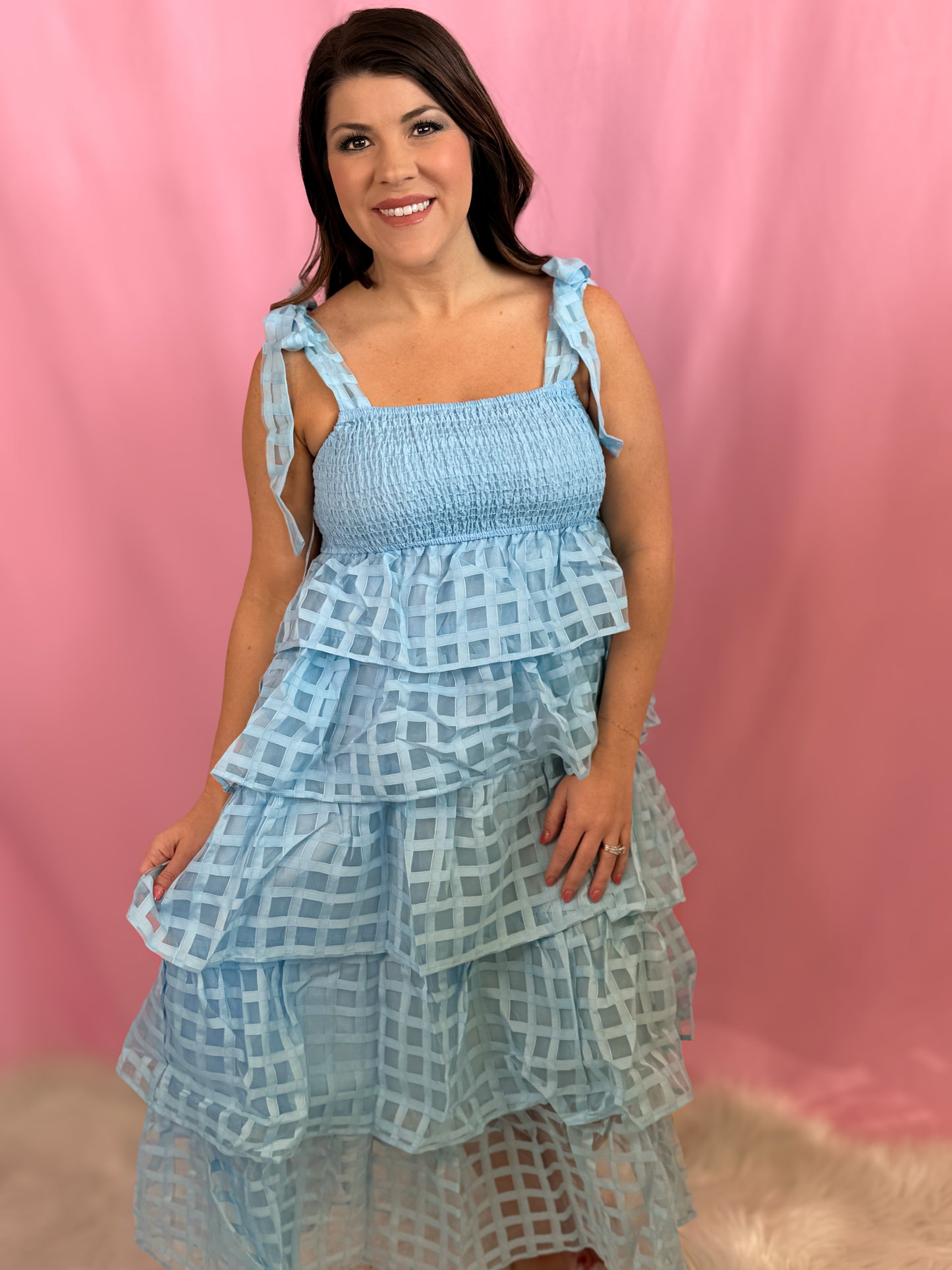 Checker Organza Layer Tiered Midi Sundress