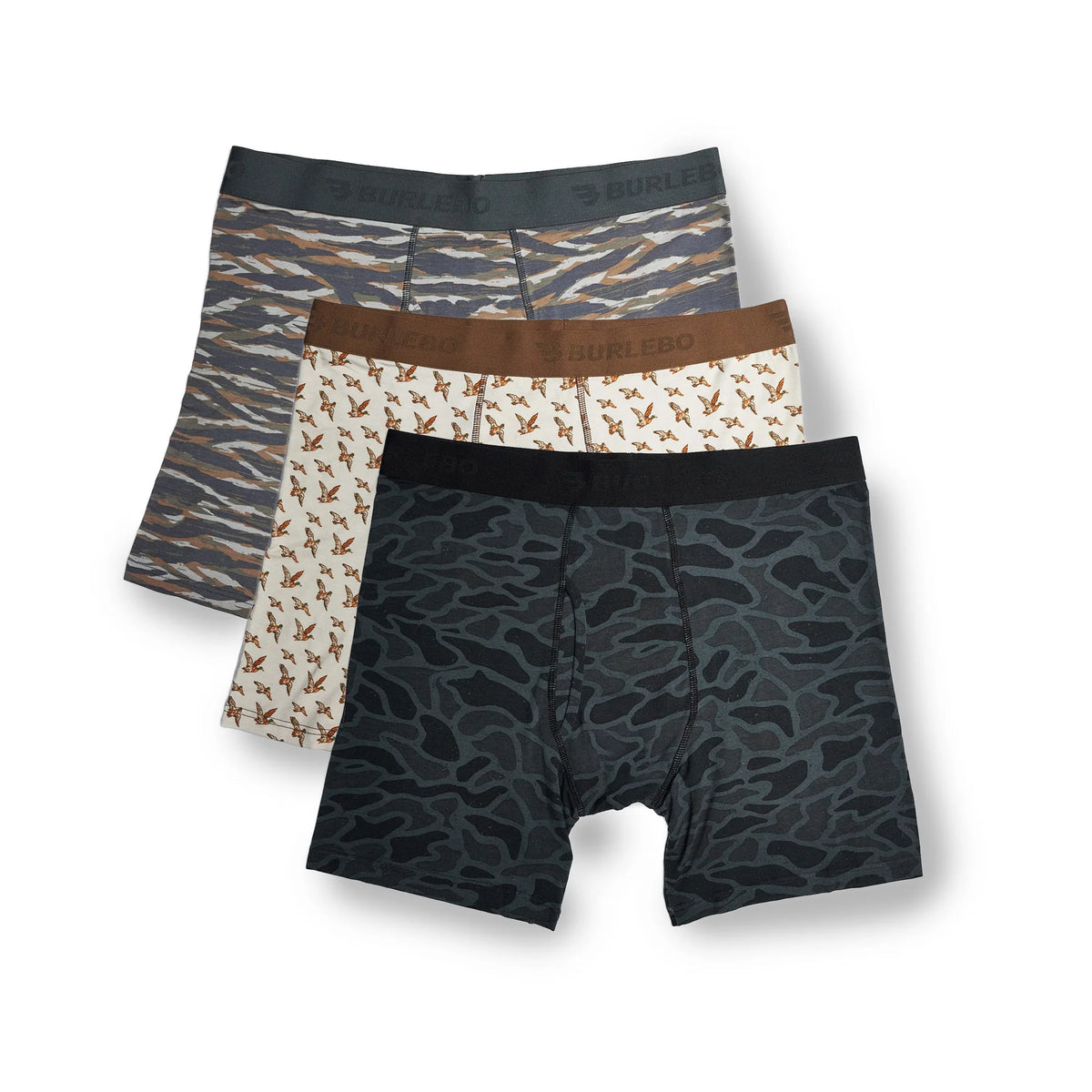 Burlebo boxer Briefs- Black Camo, Mallards Flying in, & Tiger Stripe Camo