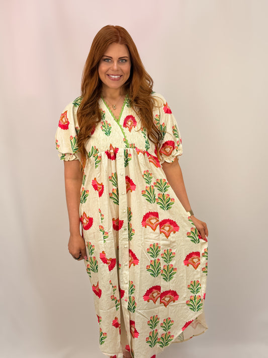 Abstract Print V-Neck Midi Dress