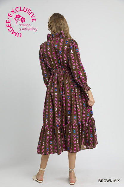 Stripped Floral Dress Ruffle Collar