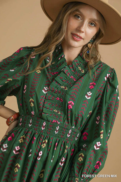 Stripped Floral Dress Ruffle Collar
