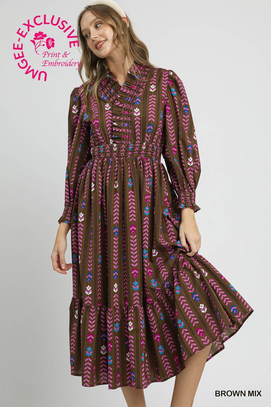 Stripped Floral Dress Ruffle Collar