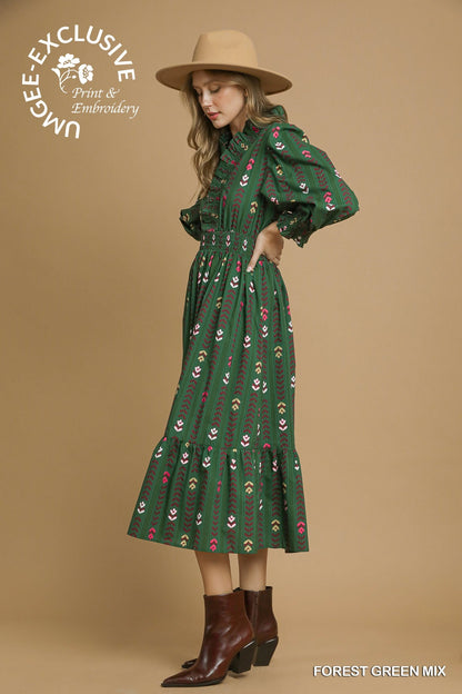 Stripped Floral Dress Ruffle Collar