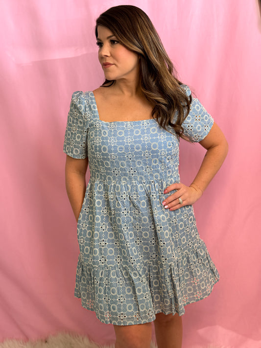 EYELET EMBROIDERED SHIFT MINI DRESS