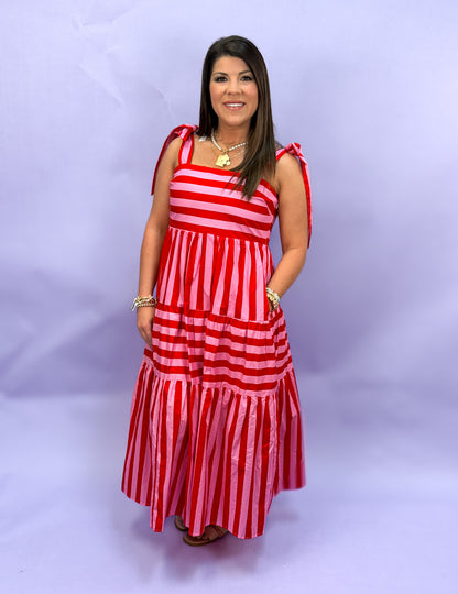 Red/Pink Stripe Tie Shoulder Midi Dress