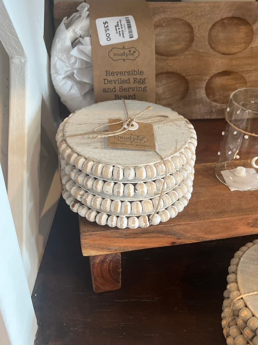 WHITE BEADED WOOD COASTER