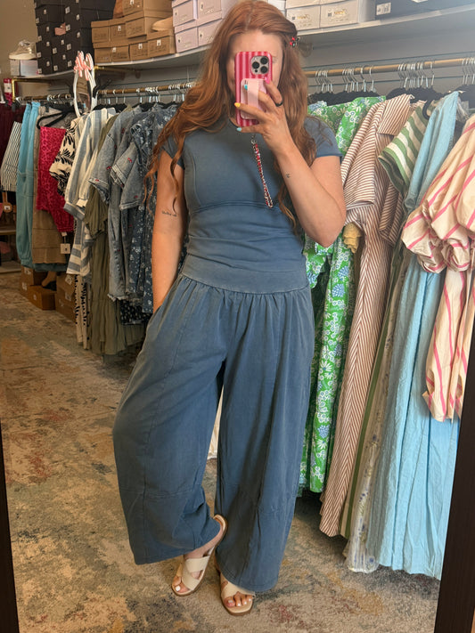 Mineral Washed Wide Leg/Crop Shirt Set