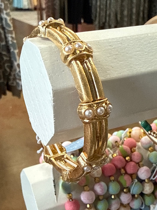 Gold Pearl Bar Accent Artisan Stretch Bangle Bracelet