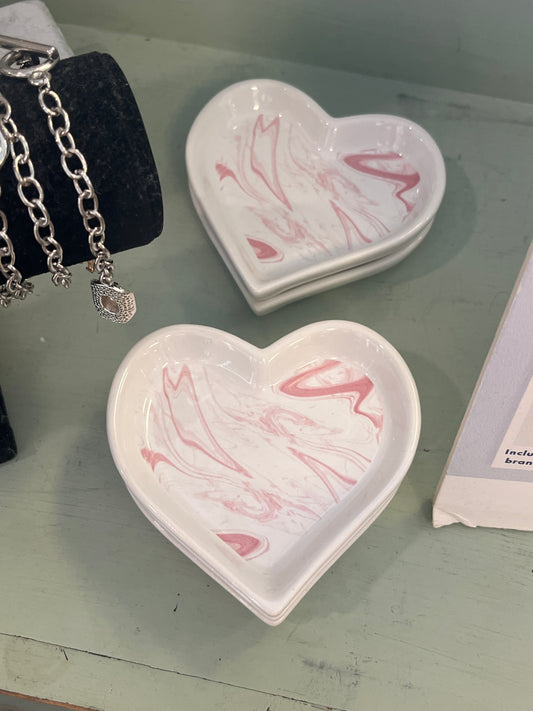 Marbled Heart Trinket Dish White/Pink 4"