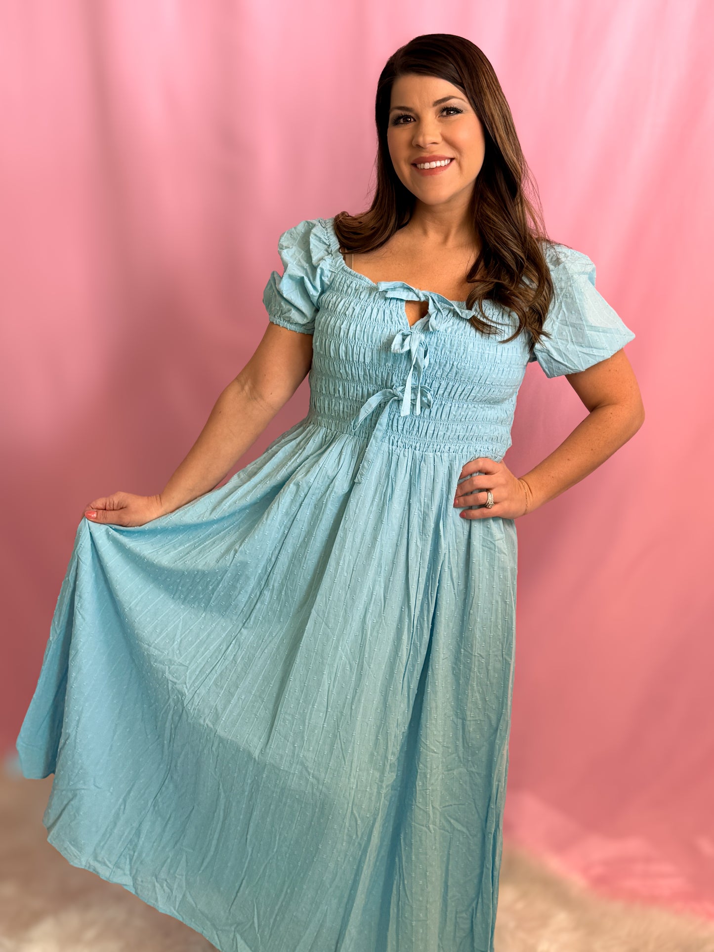 SMOCKED BOW DETAIL MAXI DRESS