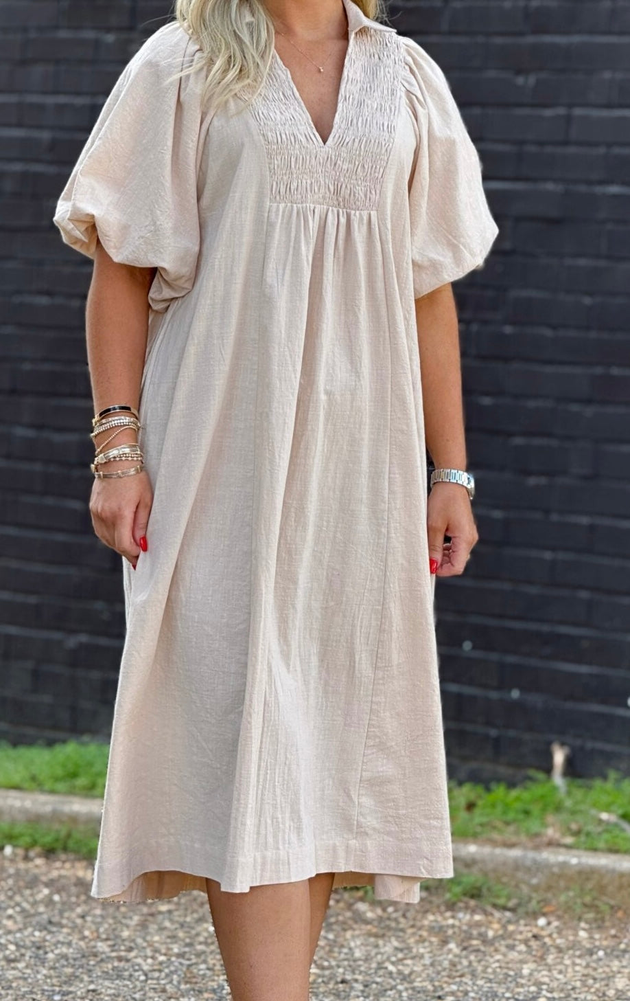 Smocked Yoke Tan Dress