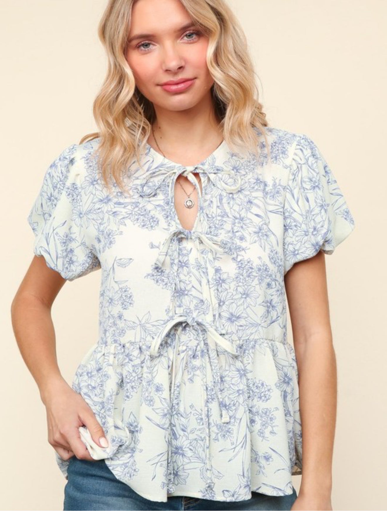 Blue Floral Tie Top