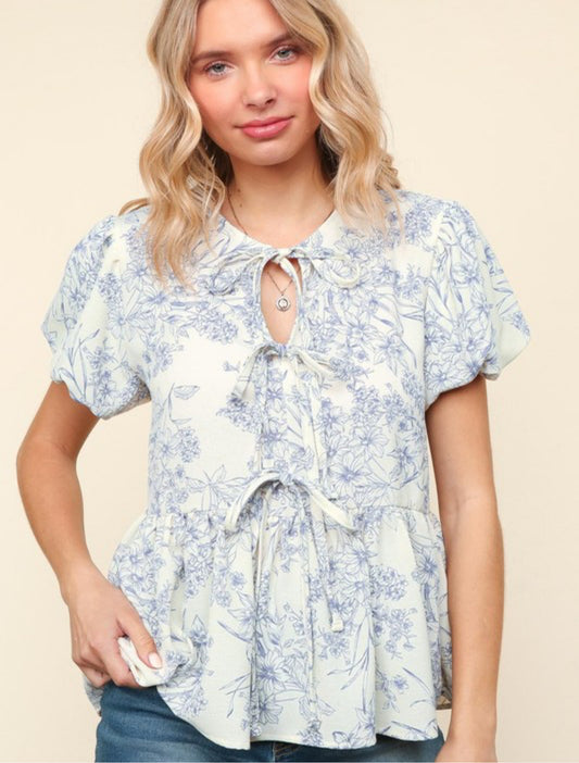 Blue Floral Tie Top
