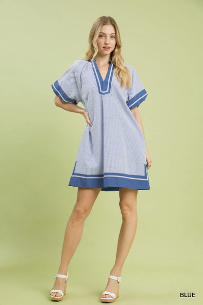 Striped Mixed V-Neck Mini Dress