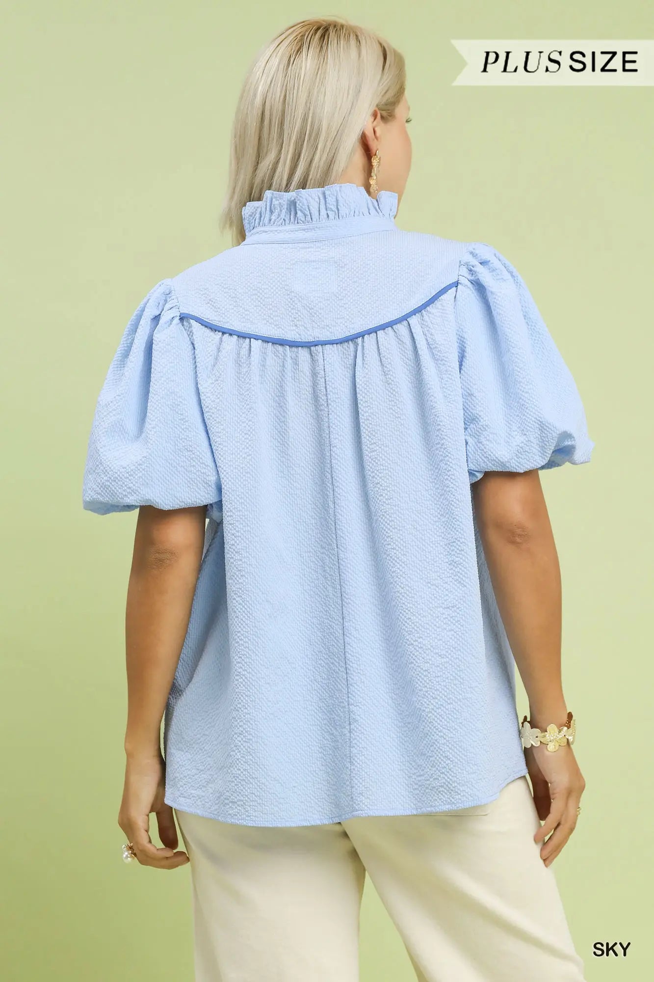 Textured Puff Sleeve Ruffle Neck Top