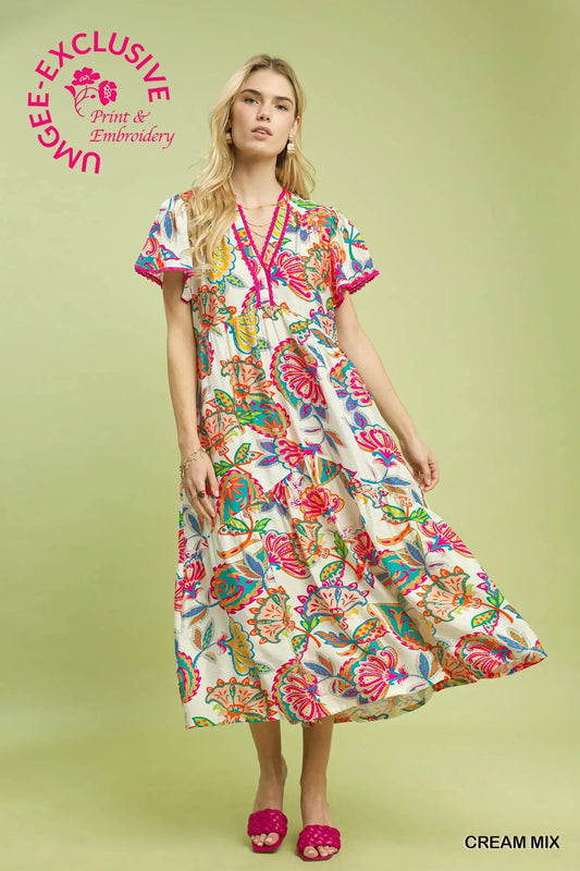 Mix Boho Floral Tiered Midi Dress